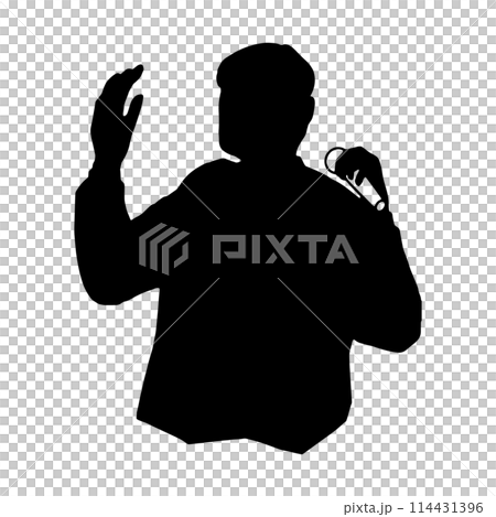 一個男人拿著麥克風發表演說或唱歌的剪影插圖,黑色 一個男人拿著麥克風發表演說或唱歌的剪影插圖,黑色 114431396