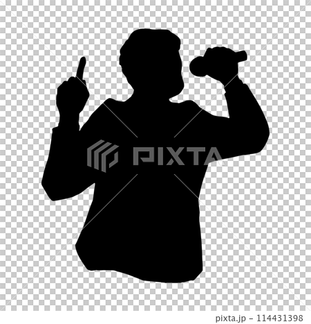 Black silhouette illustration of a man giving a speech or singing with a microphone 114431398