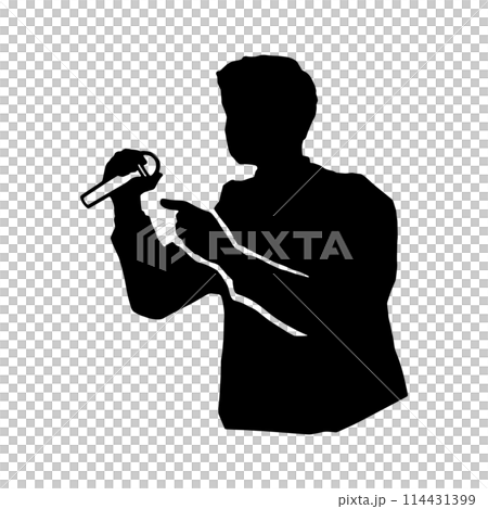 Black silhouette illustration of a man giving a speech or singing with a microphone 114431399