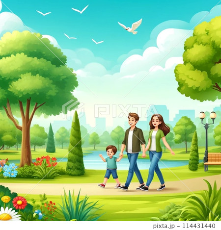 公園を散歩する親子のイラストのイラスト素材 [114431440] - PIXTA