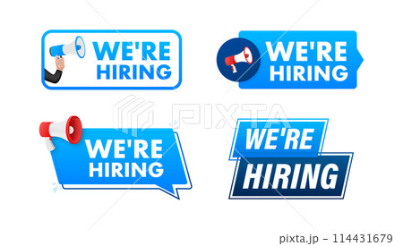 We are hiring text with Megaphone label set. Megaphone in hand promotion banner. Marketing and advertising 114431679