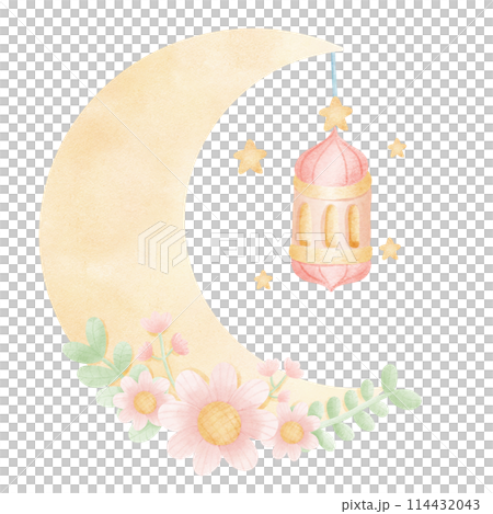 watercolor castle with a pink roof and a crescent moon 114432043