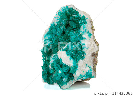 Macro mineral stone Dioptase silicate copper on a white background Macro mineral stone Dioptase silicate copper on a white background 114432369