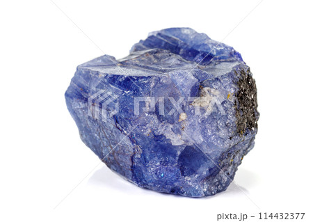 Macro blue tourmaline mineral stone on white background 114432377