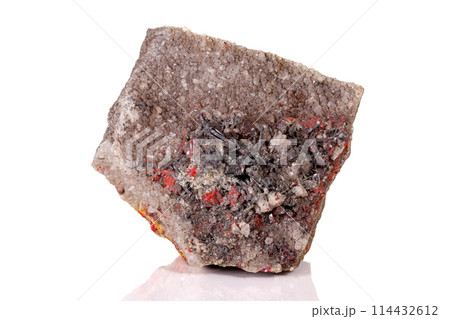 Macro stone Cinnabar with mineral stibnite on a white background Macro stone Cinnabar with mineral stibnite on a white background 114432612