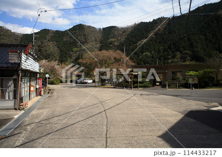 廃線駅前の商店とバス停 114433217
