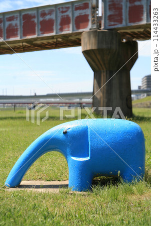 河川敷の鉄橋と遊具 114433263