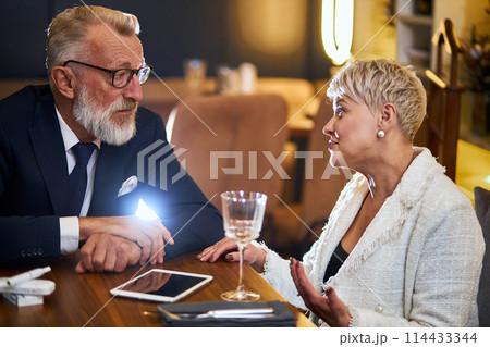 Elderly modern friends in restaurant speaking 114433344