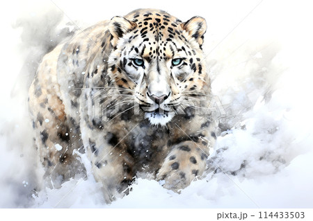 Watercolor painting of snow leopard in the snowy silderness. Wild Animals. Generative AI. 114433503
