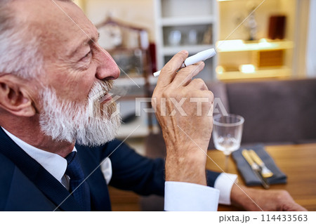 Elegant senior man smoking heat-not-burn tobacco product technology 114433563