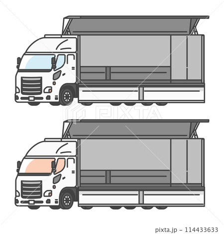 物流シリーズ：空荷、これから荷物を積み込む物流センターの10トントラックのイラスト 114433633