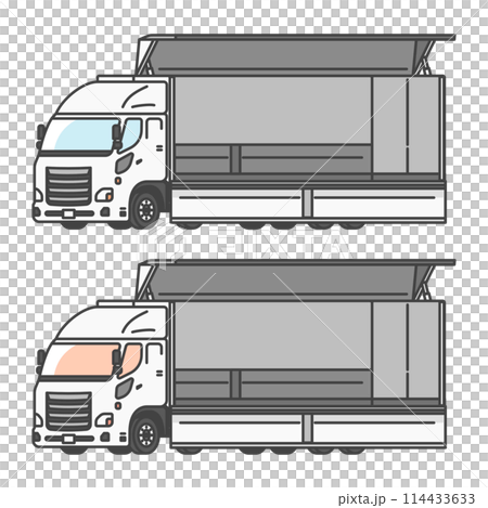 物流シリーズ：空荷、これから荷物を積み込む物流センターの10トントラックのイラスト 114433633