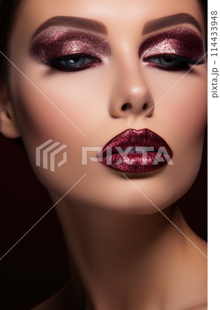 Fashion woman with makeup with burgundy lips and glitter eyeshadow close-up. Beauty girl with glossy dark red lipstick. Luxury evening make-up. Metallic glow style Fashion woman with makeup with burgundy lips and glitter eyeshadow close-up. Beauty girl with glossy dark red lipstick. Luxury evening make-up. Metallic glow style 114433948