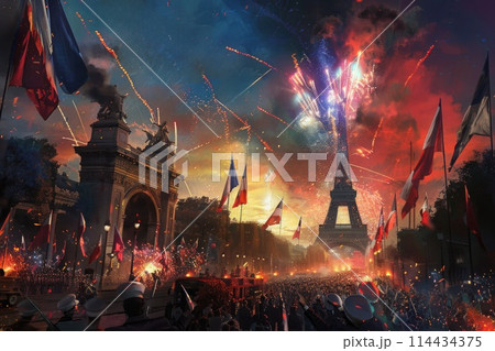 Bastille Day celebrations in Paris with a military parade and fireworks at the Eiffel Tower Bastille Day celebrations in Paris with a military parade and fireworks at the Eiffel Tower 114434375