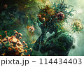 Artistic visualization of a person in despair amidst an onslaught of vividly rendered virus particles, pandemic theme 114434403