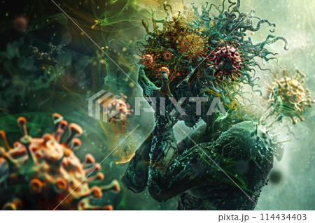 Artistic visualization of a person in despair amidst an onslaught of vividly rendered virus particles, pandemic theme Artistic visualization of a person in despair amidst an onslaught of vividly rendered virus particles, pandemic theme 114434403