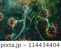 Digital artwork of a human figure overwhelmed by vividly depicted viruses, a representation of pandemic anxiety 114434404
