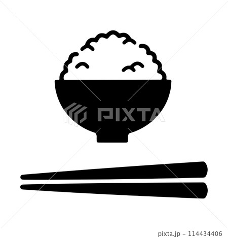 お茶碗に山盛りのご飯と箸　アイコンイラスト　黒 114434406