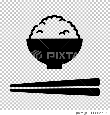 お茶碗に山盛りのご飯と箸　アイコンイラスト　黒 114434406