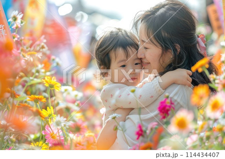 Joyful mother hugging her delighted little girl surrounded by lush garden flowers, celebrating togetherness Joyful mother hugging her delighted little girl surrounded by lush garden flowers, celebrating togetherness 114434407