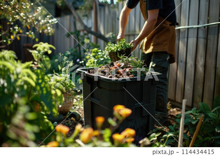 Man nurturing plants in a compost bin within a vibrant home garden at daytime Man nurturing plants in a compost bin within a vibrant home garden at daytime 114434415