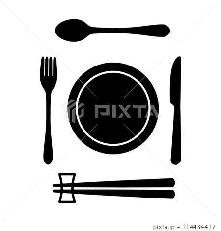 スプーン、フォークとナイフ、洋皿とお箸の食事用アイコンイラスト 114434417