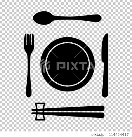 湯匙、叉子和刀、西餐盤和筷子的膳食圖標插圖 湯匙、叉子和刀、西餐盤和筷子的膳食圖標插圖 114434417