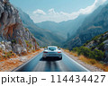 White sports car on a road in a mountain gorge. 114434427