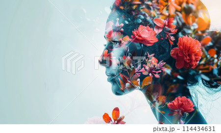 Double exposure of womans face with flowers in...のイラスト素材 [114434631 ...