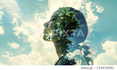 Womans face merges with nature, a tree grows from her head in a double exposure 114434682
