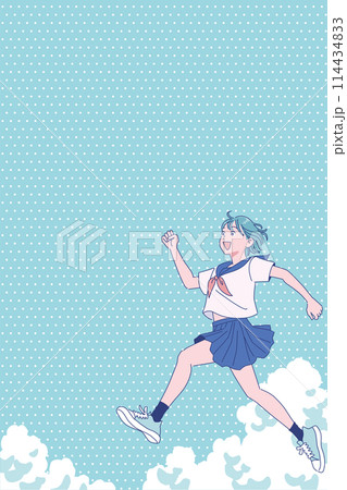 夏空に元気にジャンプする女子高生 114434833