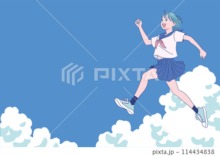 夏空に元気にジャンプする女子高生 114434838