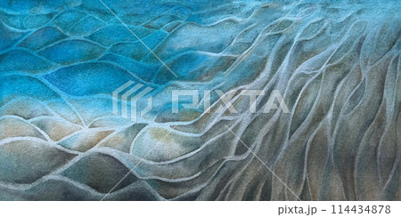 Seascape with sand and stones on the seabed under blue water, bright sky for realistic and abstract design template. Watercolor illustration for background, clipart, invitation, wallpaper, banner, 114434878