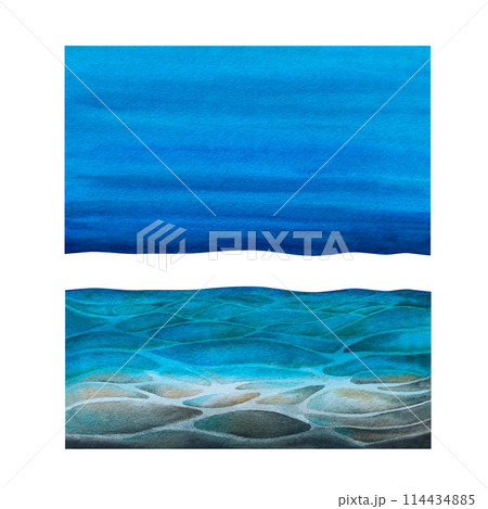 Seascape with sand and stones on the seabed under blue water, bright sky for realistic and abstract design template. Watercolor illustration for background, clipart, invitation, wallpaper, banner, Seascape with sand and stones on the seabed under blue water, bright sky for realistic and abstract design template. Watercolor illustration for background, clipart, invitation, wallpaper, banner, 114434885