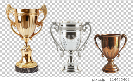 三種類型的金、銀、銅獎杯,透明背景 三種類型的金、銀、銅獎杯,透明背景 114435402