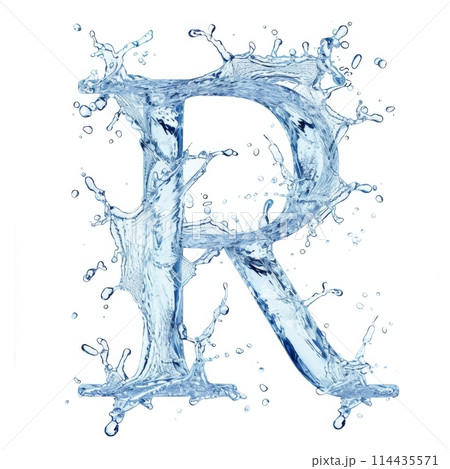 Latin letter R, texture of water, ice and splashes on white background. 114435571