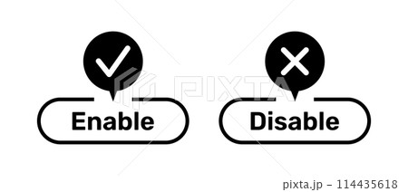 Right and Wrong symbols with Enable and Disable buttons black color. Enable and Disable buttons with right and wrong symbols. Tick and cross symbols with enable and disable buttons. 114435618