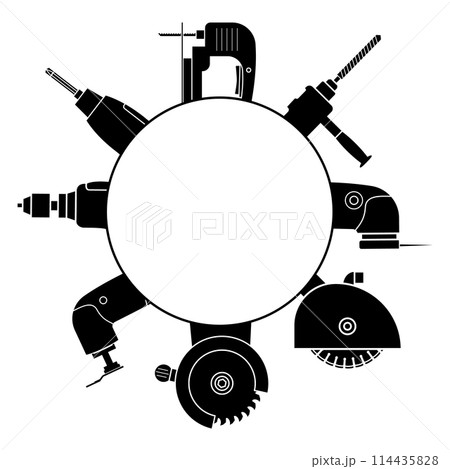 A set of power tools and empty circle inside for text or logo. Vector illustration for repair and rental of power tools and other design ideas. 114435828