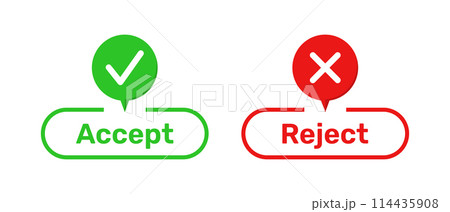 Accept and Reject buttons with right and wrong symbols. Right and Wrong symbols with Accept and Reject buttons in green and red color. Tick and cross symbols with accept and reject buttons. 114435908
