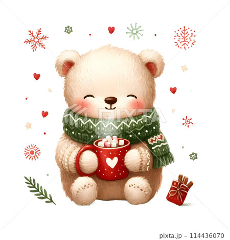 cute bear and scarf with coffee cup 114436070