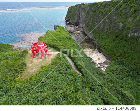 緑豊かな崖と透明な海が際立つ、アートインスタレーションのある空撮景観 114436089