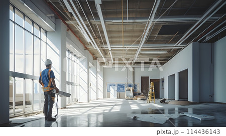 Construction worker in hard hat standing in an unfinished commer 114436143