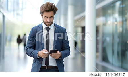 A young professional uses his phone to bank on the go 114436147