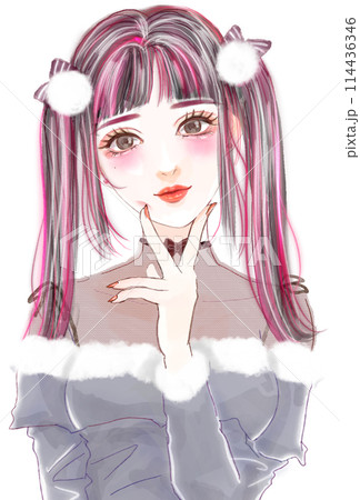 顎ピースするピンク髪ツインテールの地雷系ファッション女子イラスト 114436346