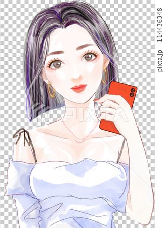 クールな一重美人が携帯を片手に微笑む人物イラスト 114436348