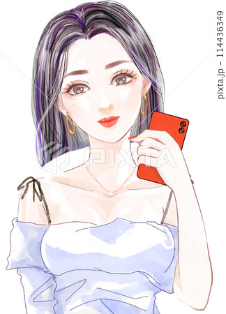 肩出しトップスのセクシーなお姉さんが携帯片手に微笑む人物イラスト 114436349