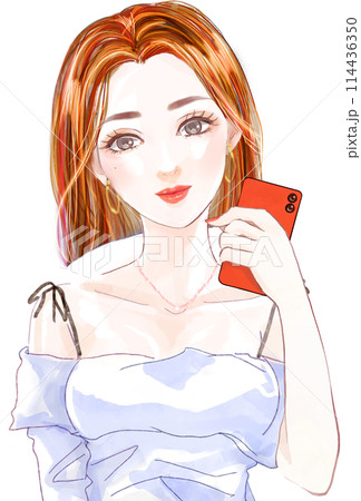 肩出しトップスのセクシーなお姉さんが携帯片手に微笑む人物イラスト 114436350
