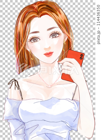肩出しトップスのセクシーなお姉さんが携帯片手に微笑む人物イラスト 114436350