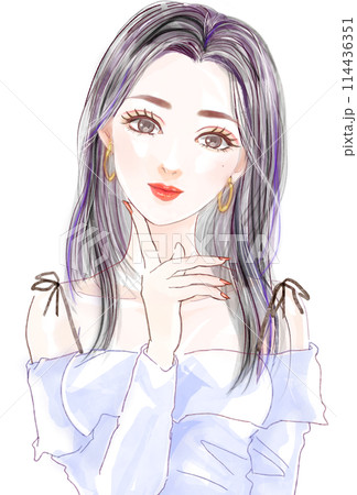 オフショルダートップス、黒髪ロングヘアの美人女性が見つめる人物イラスト 114436351