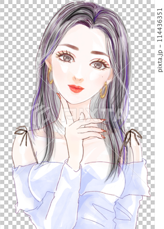 オフショルダートップス、黒髪ロングヘアの美人女性が見つめる人物イラスト 114436351